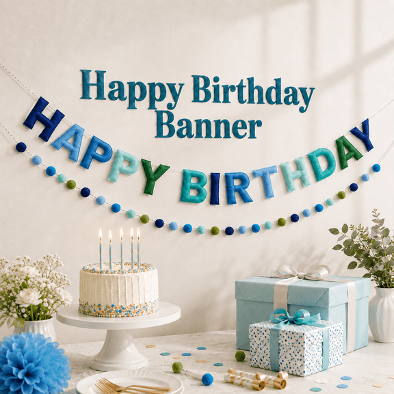 MORAVE 2 PCS Blue and Green Pre-Strung 3D Felt Happy Birthday Banner, Reusable Handmade Wool Felt Ball Pom Pom Garland for Birthday Party Decor Photo Prop