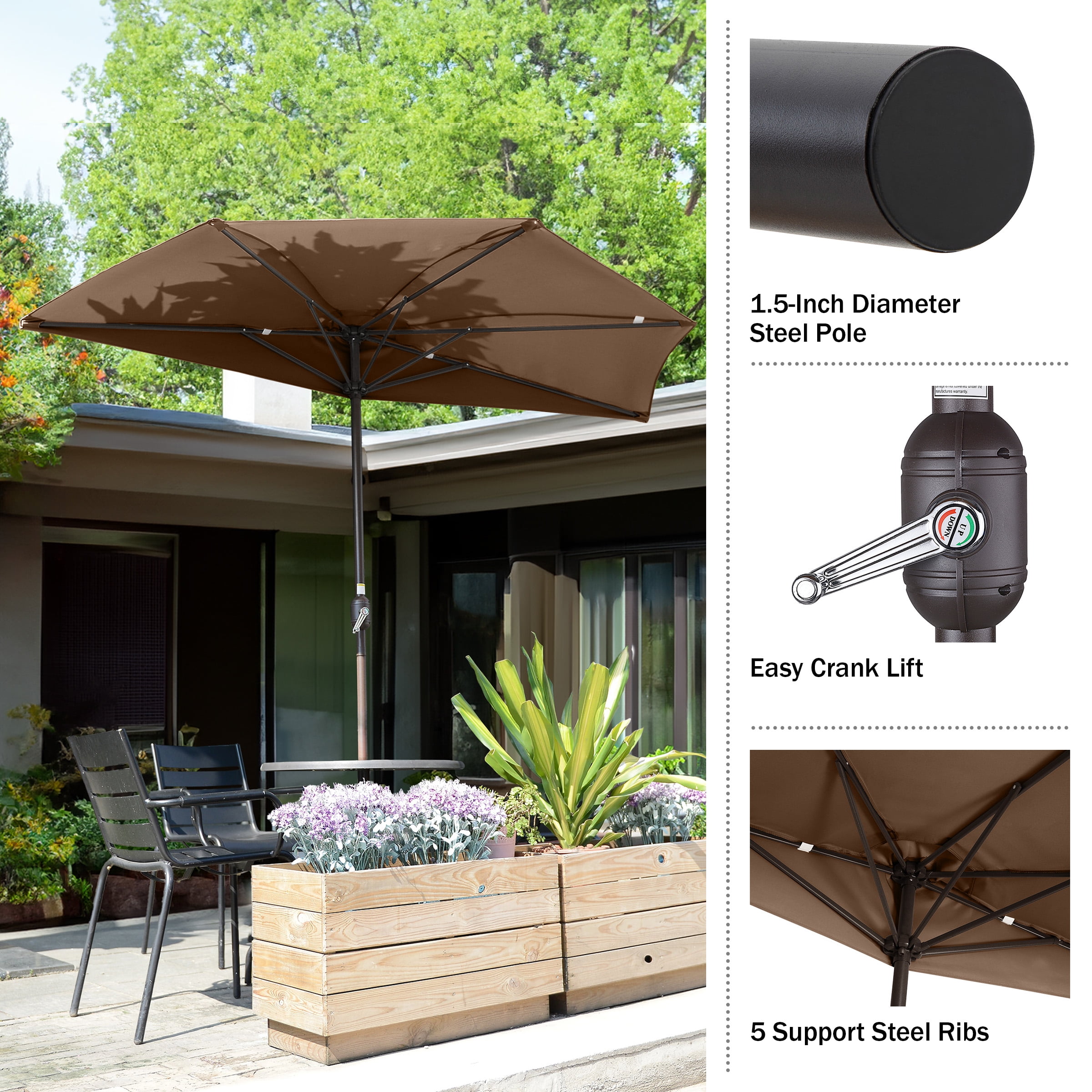Villacera 9FT Outdoor Half Patio Umbrella - Balcony Furniture, Brown