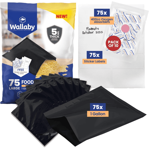 75 Wallaby Mylar Bags - Bundle - 1 Gallon (5 Mil, 10in x 14in) with 80 400cc Oxygen Absorbers, 80 Sticker Labels - Heat Sealable, Food Safe, Long Term Food Storage & Survival - Black