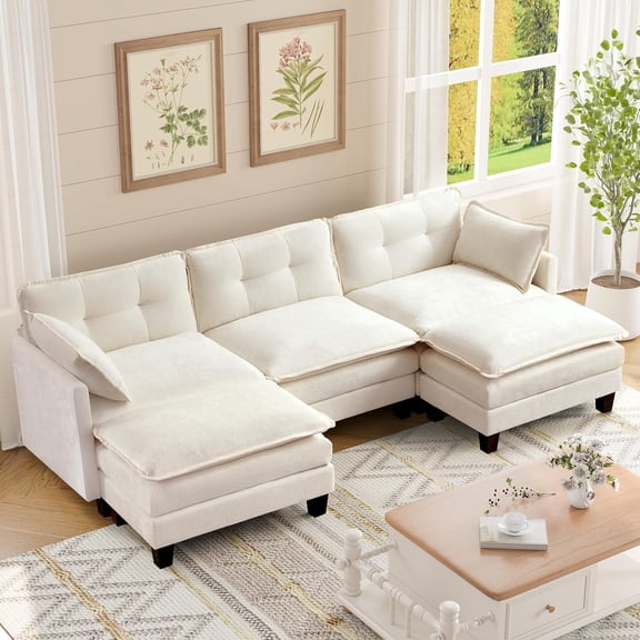 111.5" Modular Sectional Sofa with 2 Movable Ottomans, U-Shaped Chenille Cloud Couch for Living Room, 3-Seat, Beige