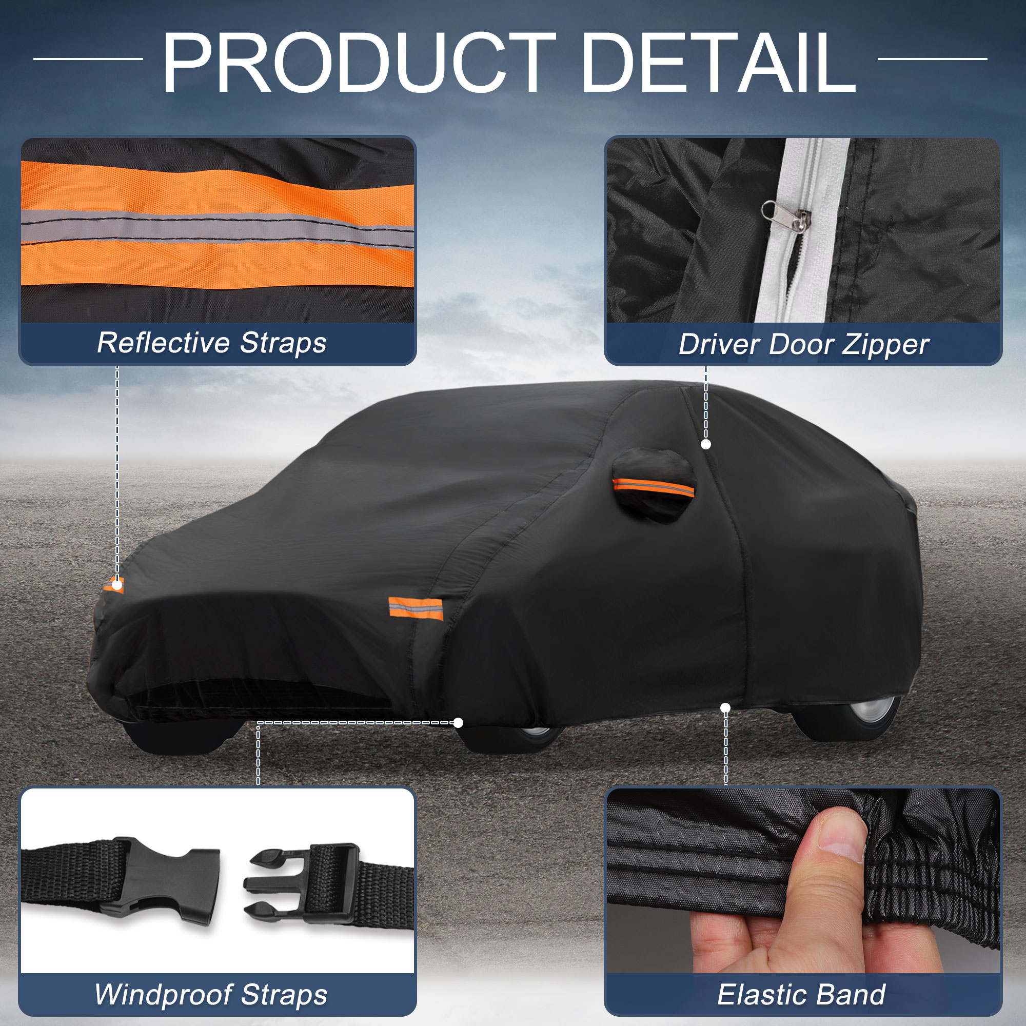 Unique Bargains Aluminum Film Outdoor Full Car Cover with Driver Door Zipper Black for Kia K5 196.85"x72.83"x51.18"