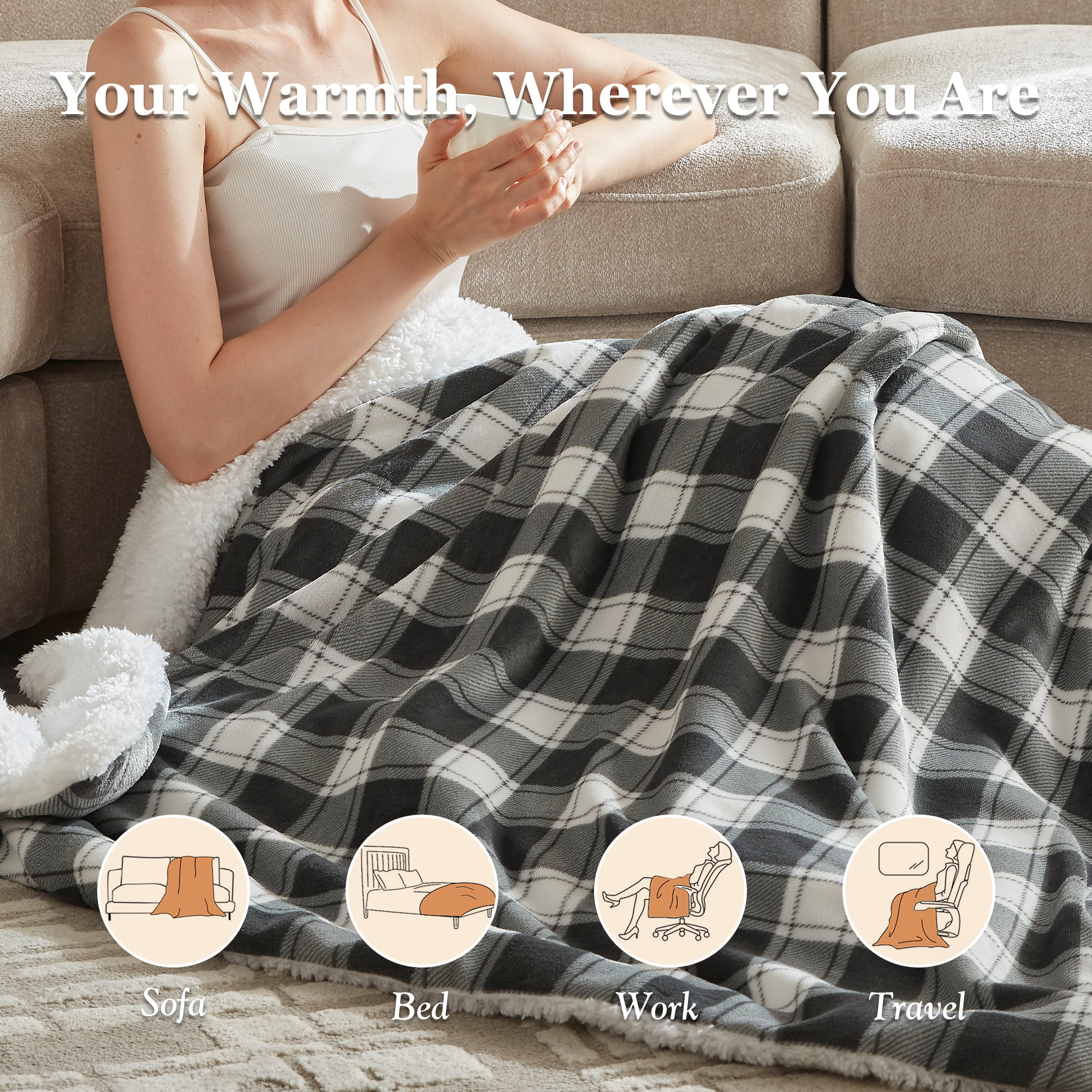 COZY@HOME Electric Blanket, Sherpa and Flannel Throw Size 50"x60", Grey & White Plaid，Fast Heating 6 Heating Levels & 4H Auto-Off, Machine Washable