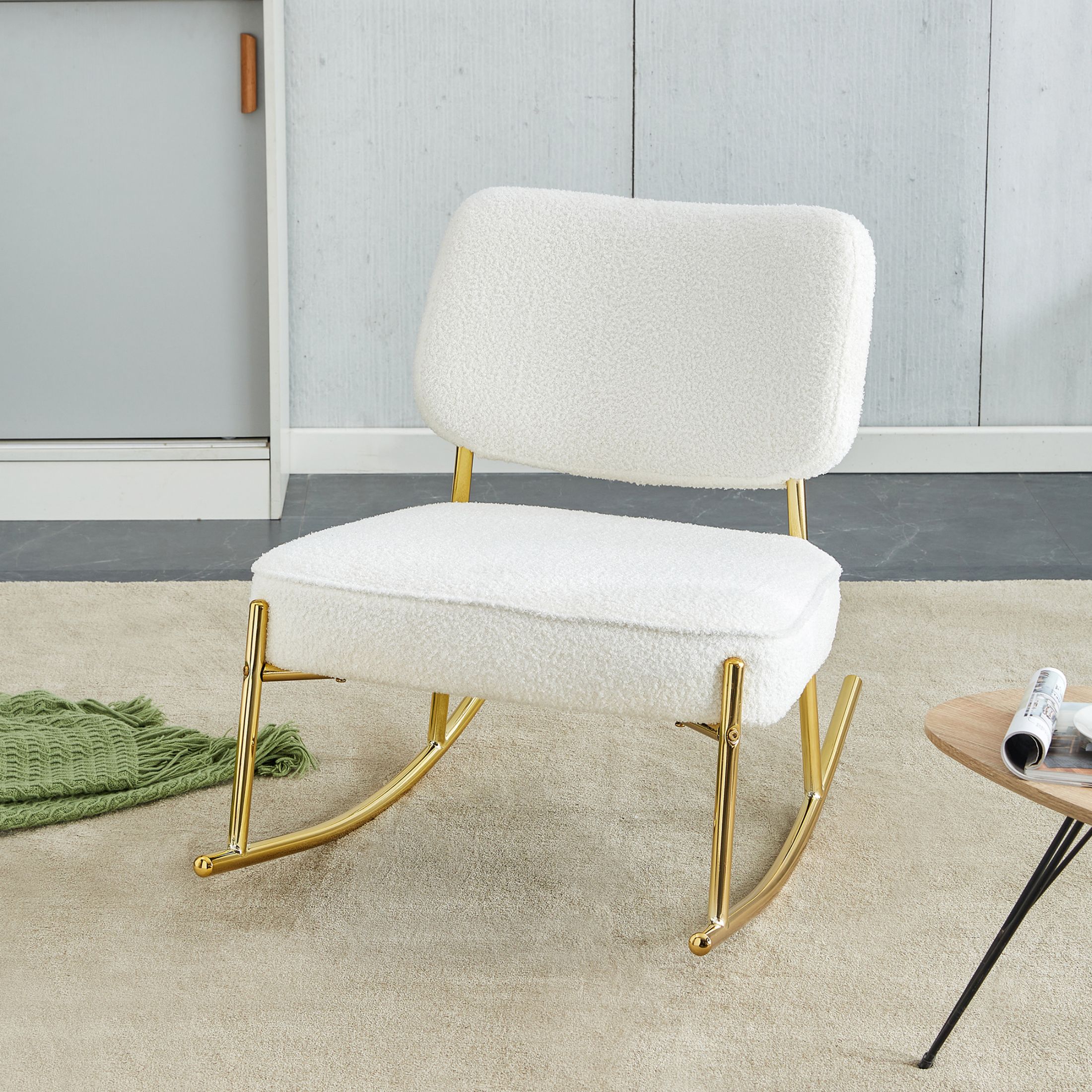 Aukfa Deep Seating Rocking Chair with Teddy Padded Seat, Golden Metal Legs for Living Room, White