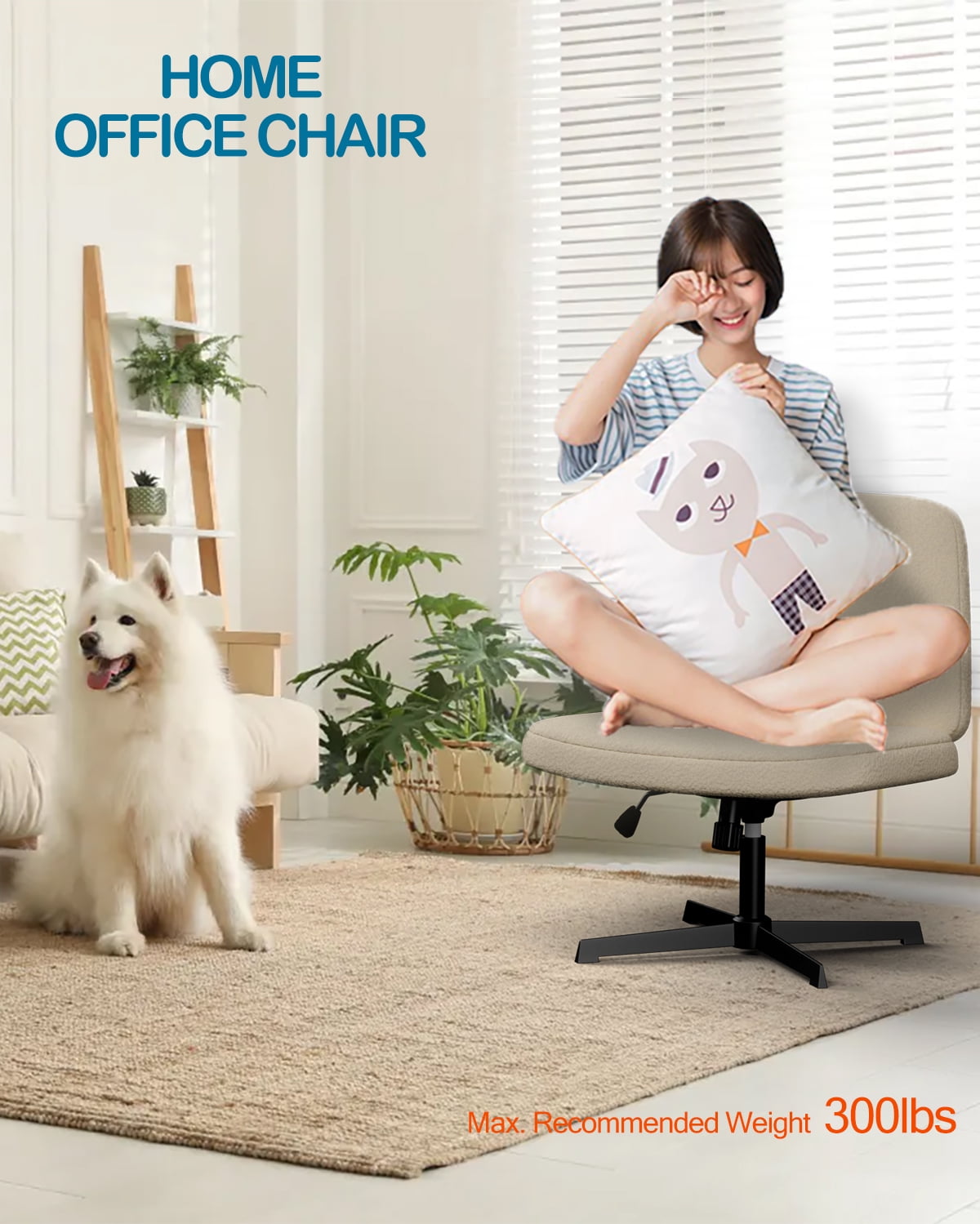 Cross Legged Office Chair,Armless Wide Seat Ergonomic Home Office Desk Chair No Wheels Swivel Home Office Desk Computer Chair for Vanity Home Office Bedroom Living Room(Normal Large Seat, Ivory)