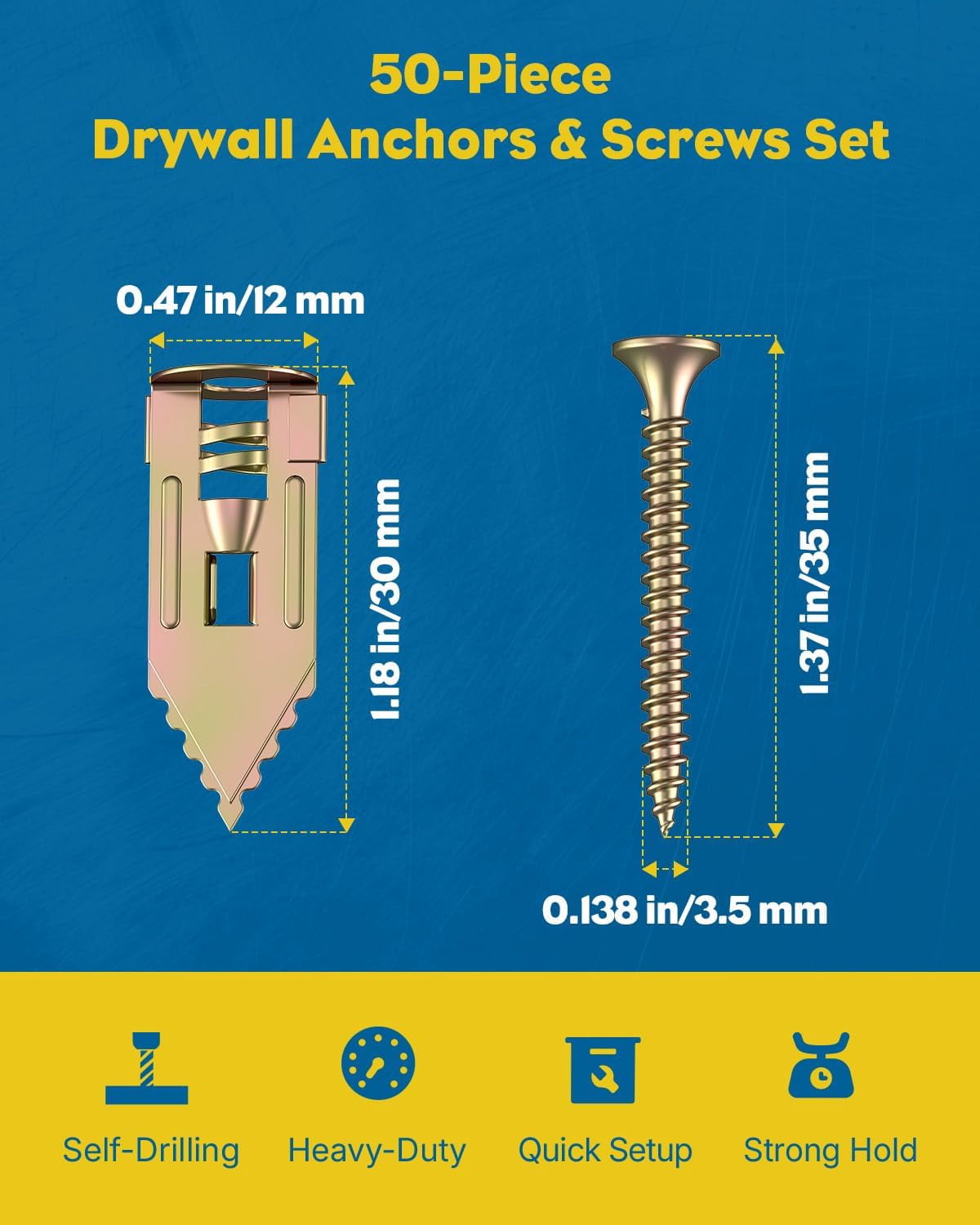 Self Drilling Drywall Anchors, Heavy Duty Wall Anchors for Drywall, Metal Dry Wall Anchors and Screws Kit, Carbon Steel Sheetrock Anchors with #6 x 1 3/8" Screws, Picture Hanging Kit, 50 Pcs