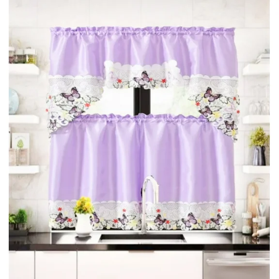 Gorgeous Home Linen Set of 3 Pieces Kitchen Window Curtain Embroidery Floral Multicolor 2 Tier   1 Swag Valance for Kitchen (BR45 -Lilac Butterfly )