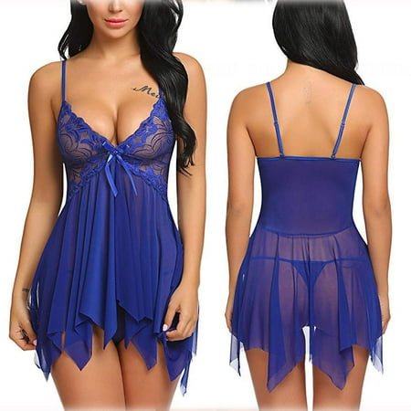 

SUANMAY Womens Plus Size Irregular Deep V Neck Lingerie Babydoll Chemise Sleepwear Blue 4XL