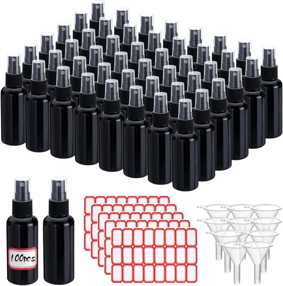 100pcs Small Spray Bottles 2oz/60ml Plastic Empty Spray Bottle Transparent Refillable Travel Bottle with 10pcs Small Funnel and 120pcs Bottles Labels