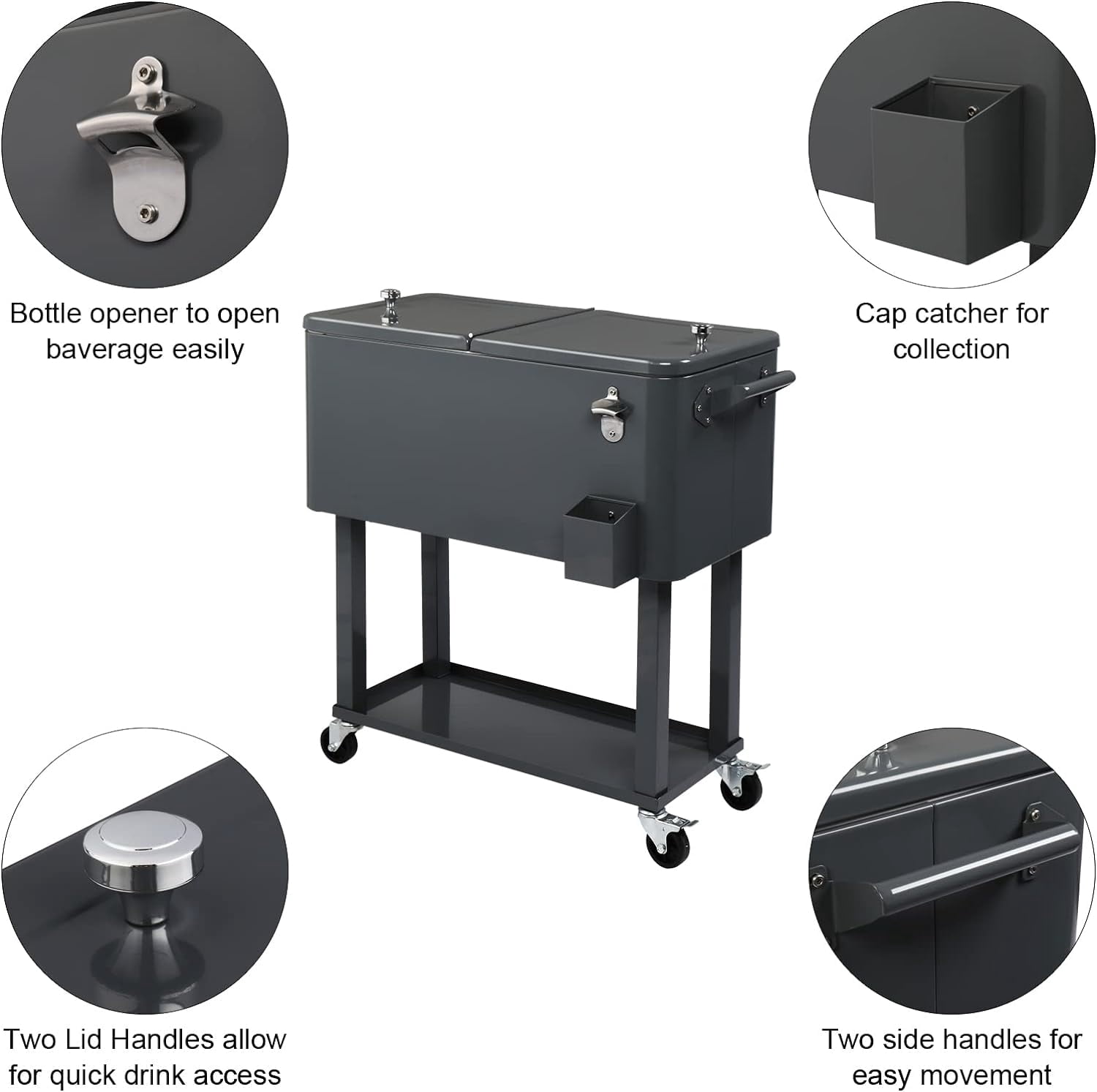 80 Quart Rolling Ice Chest, Portable Bar Drink Cooler with Catch Basin, Bottom Storage Tray and Bottle Opener for Patio Party BBQ Beach Activities