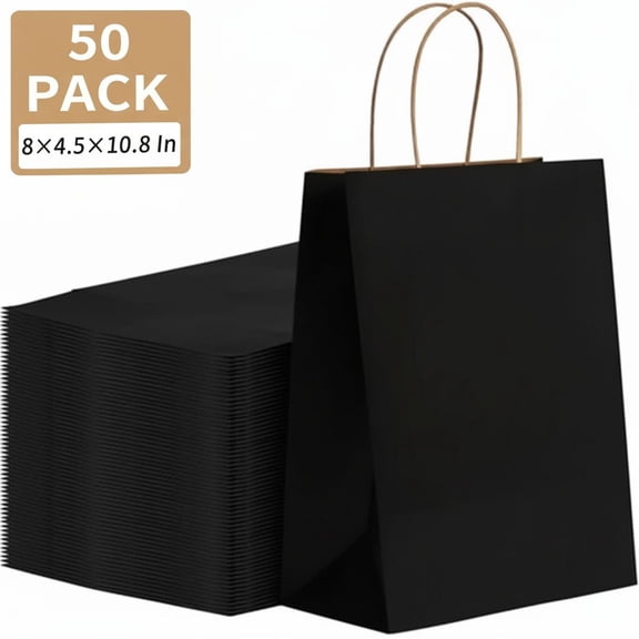 50Pcs Black Gift Bags 8x4.5x10.8 Inch, Kraft Paper Bags with Handles, Shopping Bags for Boutique, Wedding Party Favor, Merchandise, Retail, Small Business, Bulk