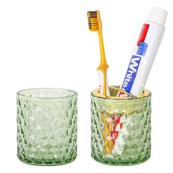 Green Toothbrush Holders for Bathrooms, Glass Toothbrush Holder and Bathroom Tumbler Set, Gold Tooth Brush Cup Holder, Bathroom Counter Organizer for Brushes, Toothpaste