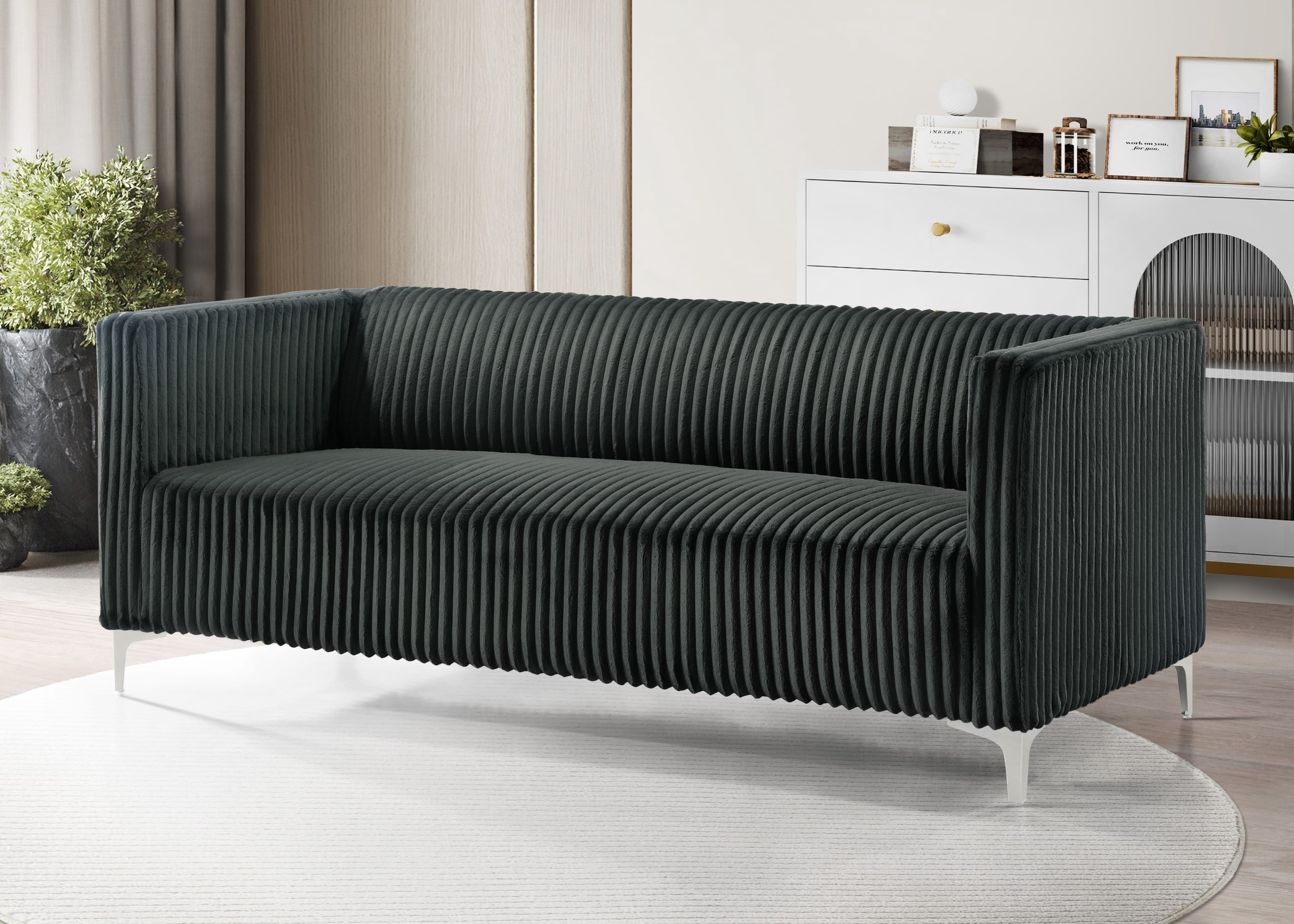 Home Design Gavin Velvet Square Arm Sofa with Plush Cushions and Modern Upholstery, Durable Frame for Living Room, Contemporary Gray Design