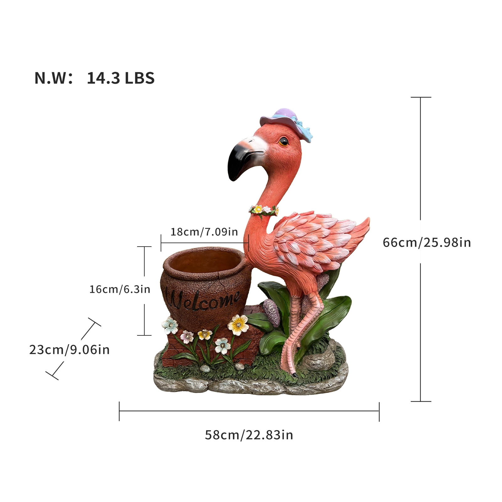 Set of 1 Outdoor Garden Flamingo Sculpture Flower Pot Planter, Pink Resin Yard Statue with Solar Light for Patio Decor，Purple  Hat