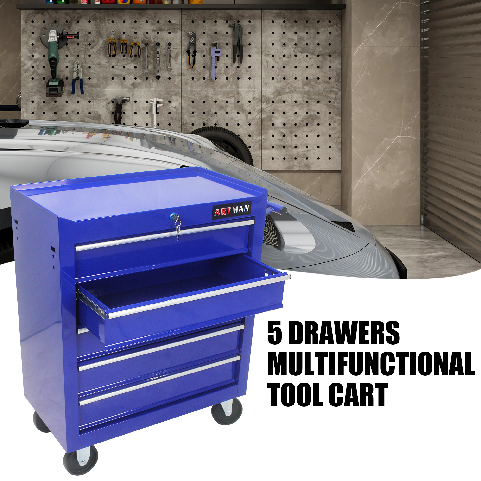 5 Drawer Rolling Tool Chest, Steel Tool Storage Cabinet for Garage Storage with 4 Wheels and Locker