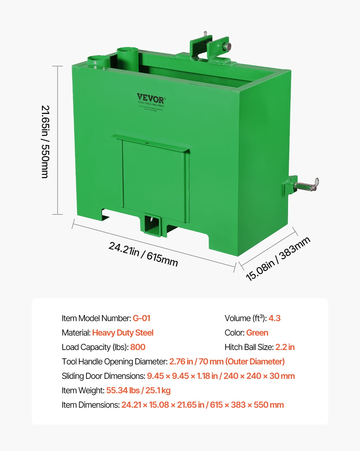 VEVOR Ballast Box, 3-Point Category 1 Tractor Ballast of 800lbs Capacity, for 2 Inch Hitch Receiver, Heavy-Duty Steel 4.3 ft³ Large Volume Loader Attachment with Sliding Door, Green