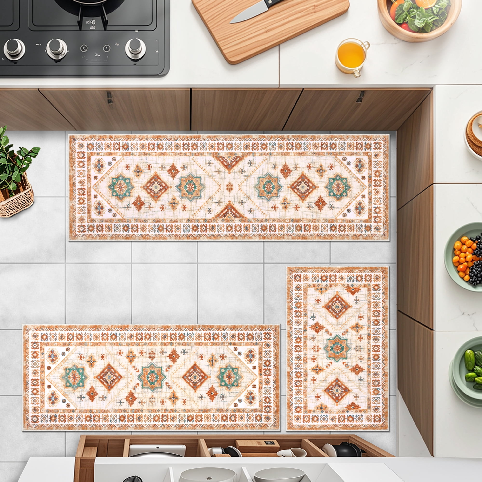MeyJey Vintage Kitchen Rug Set, 3 Piece Non-Slip Kitchen Mat Machine Washable Runner Rug for Home Floor and Living Room, Beige/Orange