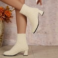 thumbnail image 3 of Plush Ankle Boots for Women Comfortable Knit Sock Fall Booties Fashion Square Toe Chunky Mid Heel Slip On Mid Calf Elastic Dress Booties Beige Size 10, 3 of 8