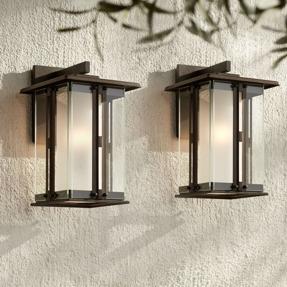 Franklin Iron Works Fallbrook Collection Rustic Farmhouse Outdoor Wall Light Fixtures Set of 2 Bronze 11 3/4" Clear Frosted Double Glass for Exterior