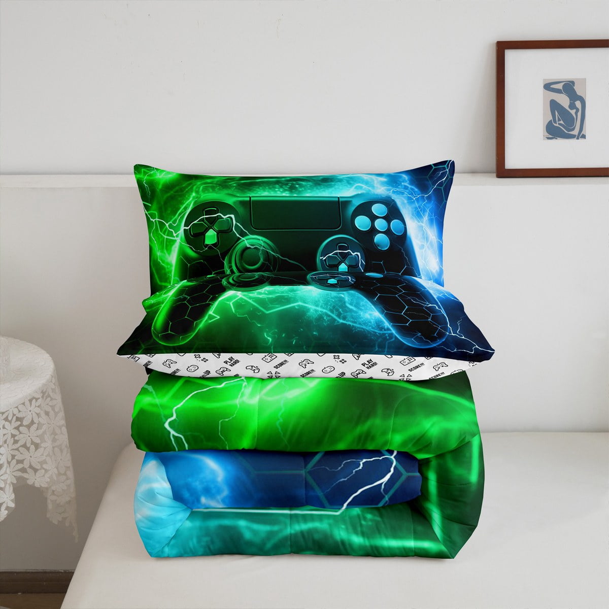 Green Gamer Bedding Set,Honeycomb Gaming Comforter Set Lightning Gamepad Comforter Game Room Decor Duvet Set Decor Quilt Set Bedding Collection