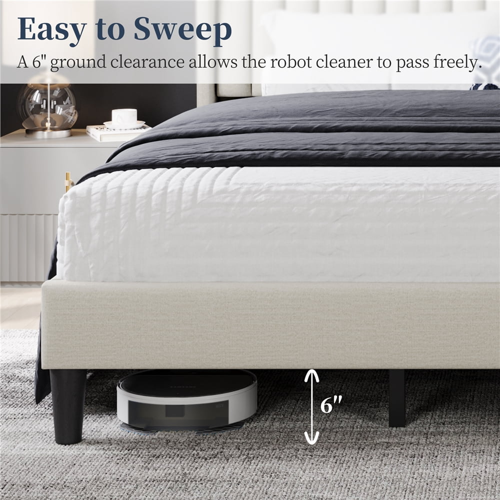 Yaheetech Upholstered Platform Bed Frame with Channel Tufted Headboard, King, Ivory