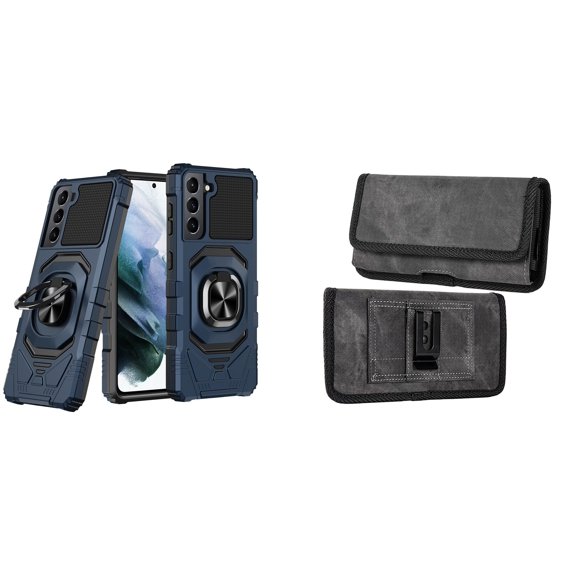 Case with Belt Holster Bundle for Samsung Galaxy S22  Plus: Heavy Duty Shield Cover (Blue) and Rugged Denim Nylon Phone Pouch (Grey)