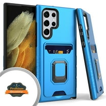 Xpression Case for Samsung Galaxy S22 Ultra Wallet Credit Card Slot Holder Metal Ring Kickstand Heavy Duty Shockproof Hybrid Dual Layer Stand Phone Cover [Blue]