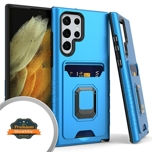 Xpression Case for Samsung Galaxy S22 Ultra Wallet Credit Card Slot Holder Metal Ring Kickstand Heavy Duty Shockproof Hybrid Dual Layer Stand Phone Cover [Blue]