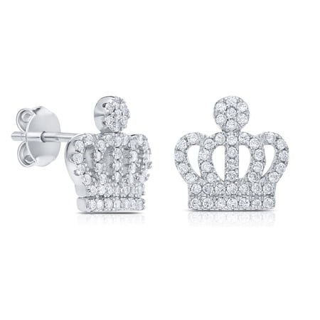 Tilo Jewelry 925 Sterling Silver Royal Crown Stud Earrings with Cubic Zirconia CZ Stones | Secure Push-Backs | Women & Unisex