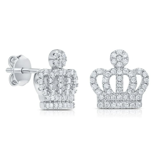 Tilo Jewelry 925 Sterling Silver Royal Crown Stud Earrings with Cubic Zirconia CZ Stones | Secure Push-Backs | Women & Unisex