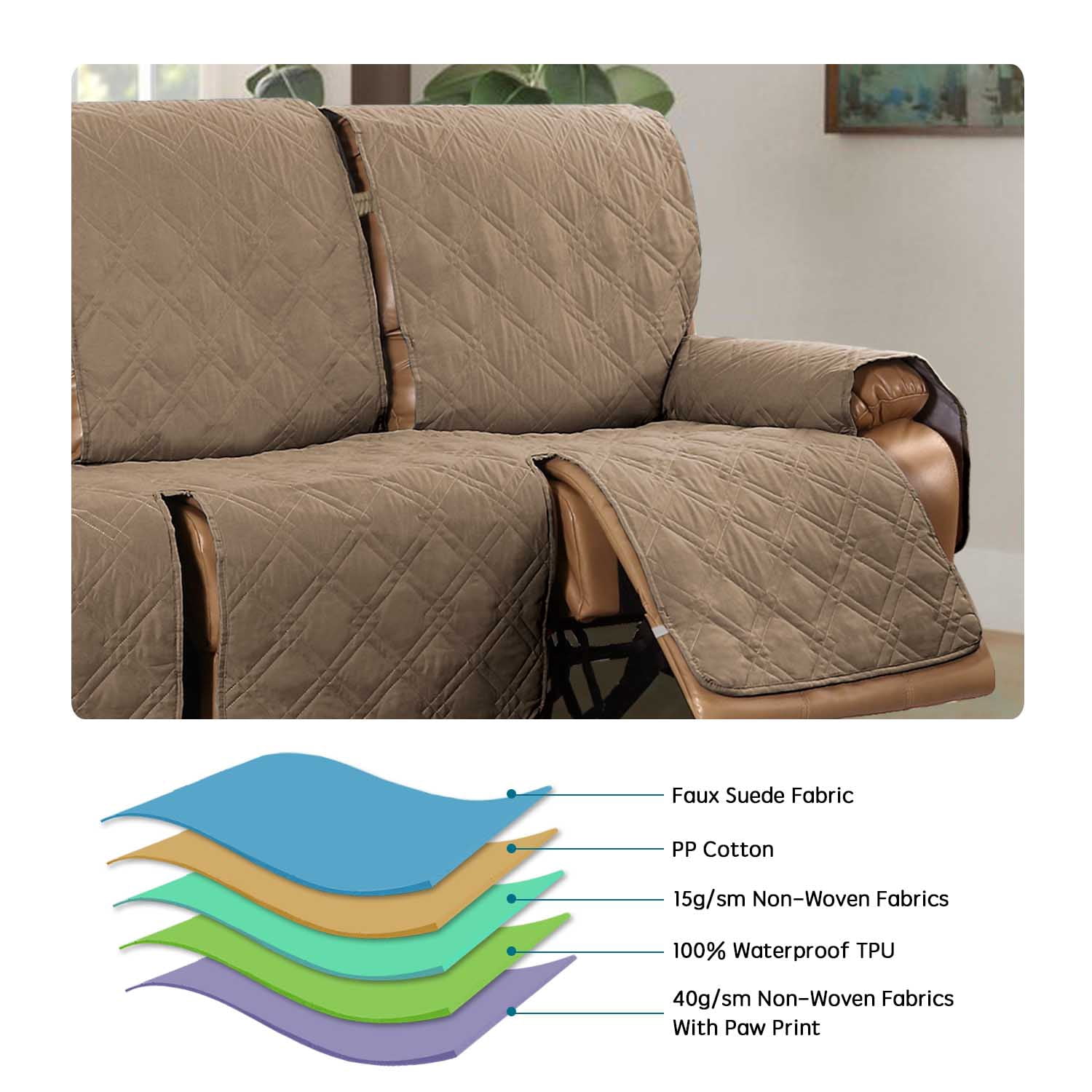 Eurhowing Recliner Sofa Cover for 3-Seater, Waterproof Stretchable Sofa Slipcover, Spill & Stain Resistant Furniture Protector, Brown
