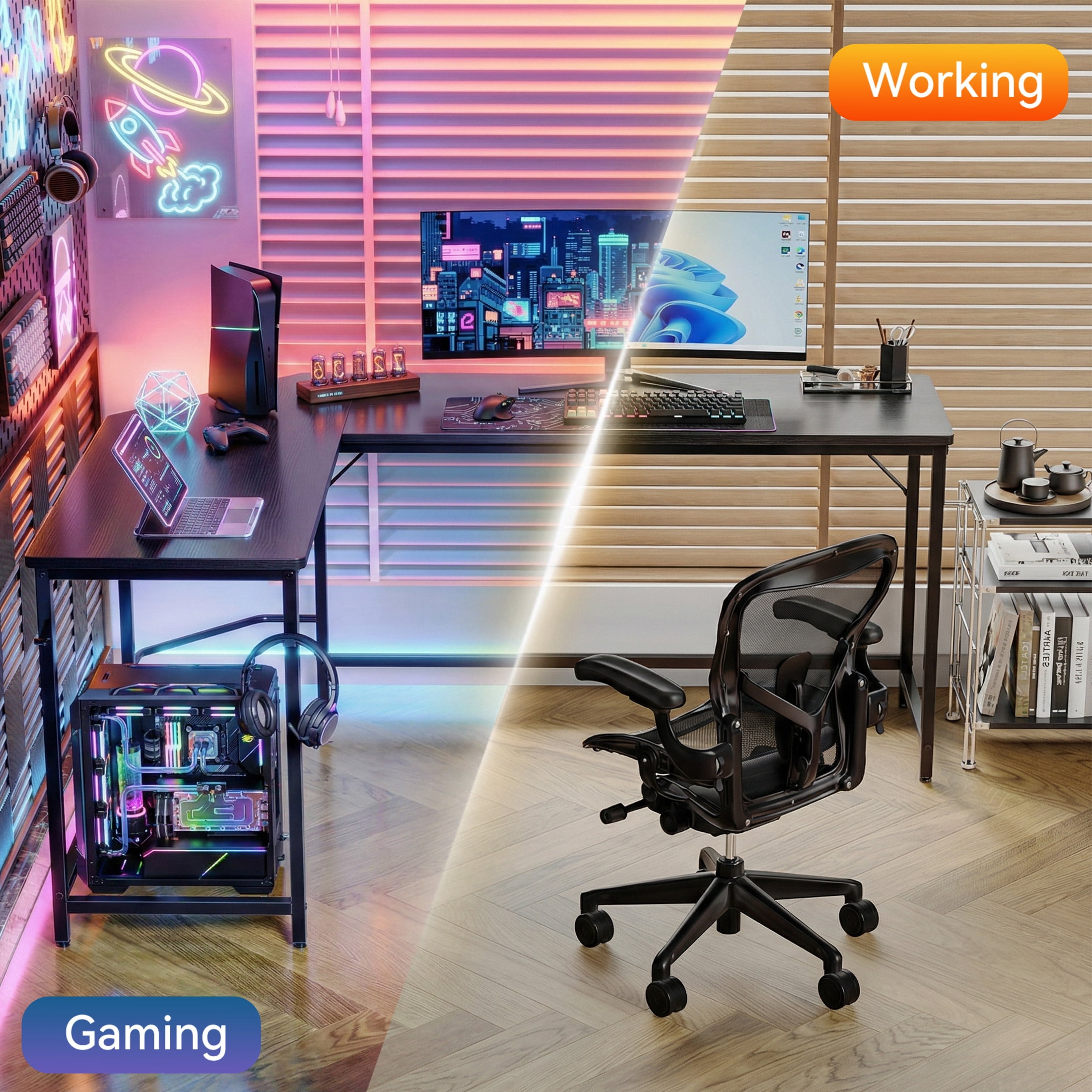 CONCETTA 66” L Shaped Computer Desk with Movable CPU Stand, Corner Desk for Save Space, Home Office, Black