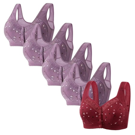 Tao Tao 5 Pack Daisy Bras For Women Front Button Snaps Closure Wireless Cotton Bra For Seniors Sports Bra Push Up Bra Wire Free Bras Trendy Bras Purple L
