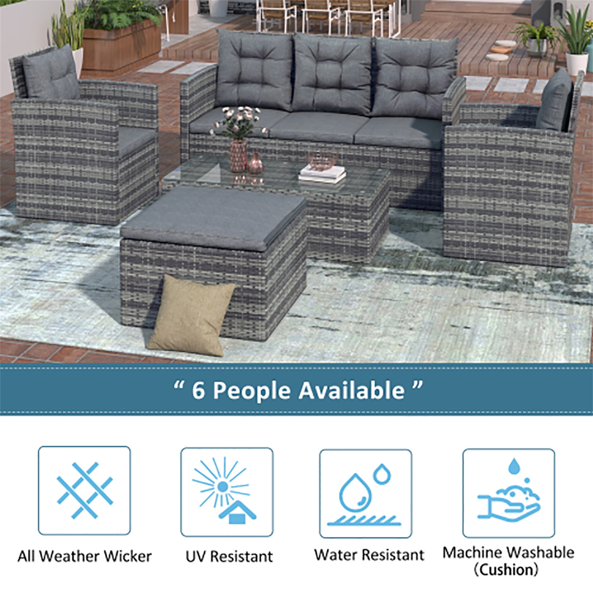 YYAo 7 Seating Outdoor Patio Furniture Sectional Sofa Set, All-Weather Couch with Glass Table, Ottomans for Backyard Porch Poolside with Storage Bench, Gray YYAo 7 Seating Outdoor Patio Furniture Sectional Sofa Set, All-Weather Couch with Glass Table, Ottomans for Backyard Porch Poolside with Storage Bench, Gray