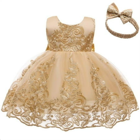 

HTGFGMGW Flower Girl Dresses Baby Girls Pageant Lace Embroidery Dress Party Bowknot Gown Dress with Headwear Dresses for Girls Gold