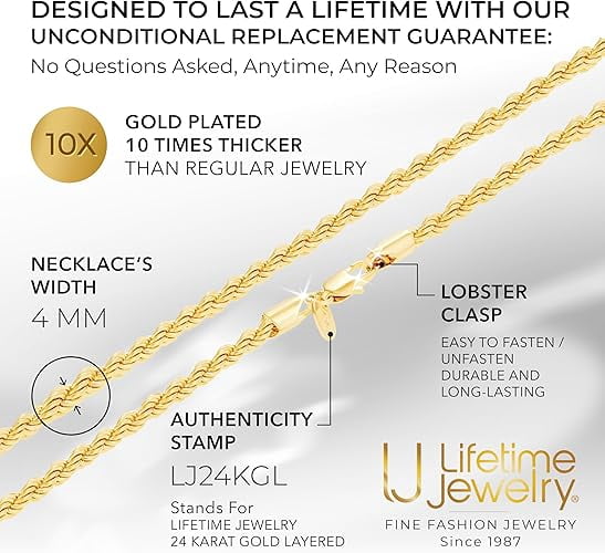LIFETIME JEWELRY 4mm Rope Chain Necklace 24k Real Gold Plated-Women and Men (22 mm)