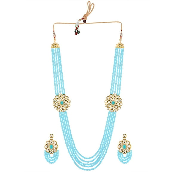 Efulgenz Indian Jewelry Bridal Set Kundan Crystal Faux Pearl Multi Layered Strand Beaded Pendant Necklace Dangle Earrings Bollywood Jewelry Set, Turquoise
