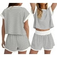 thumbnail image 2 of Women Summer 2 Piece Sets Striped Short Sleeve T Shirts and Shorts Matching Set White M, 2 of 7