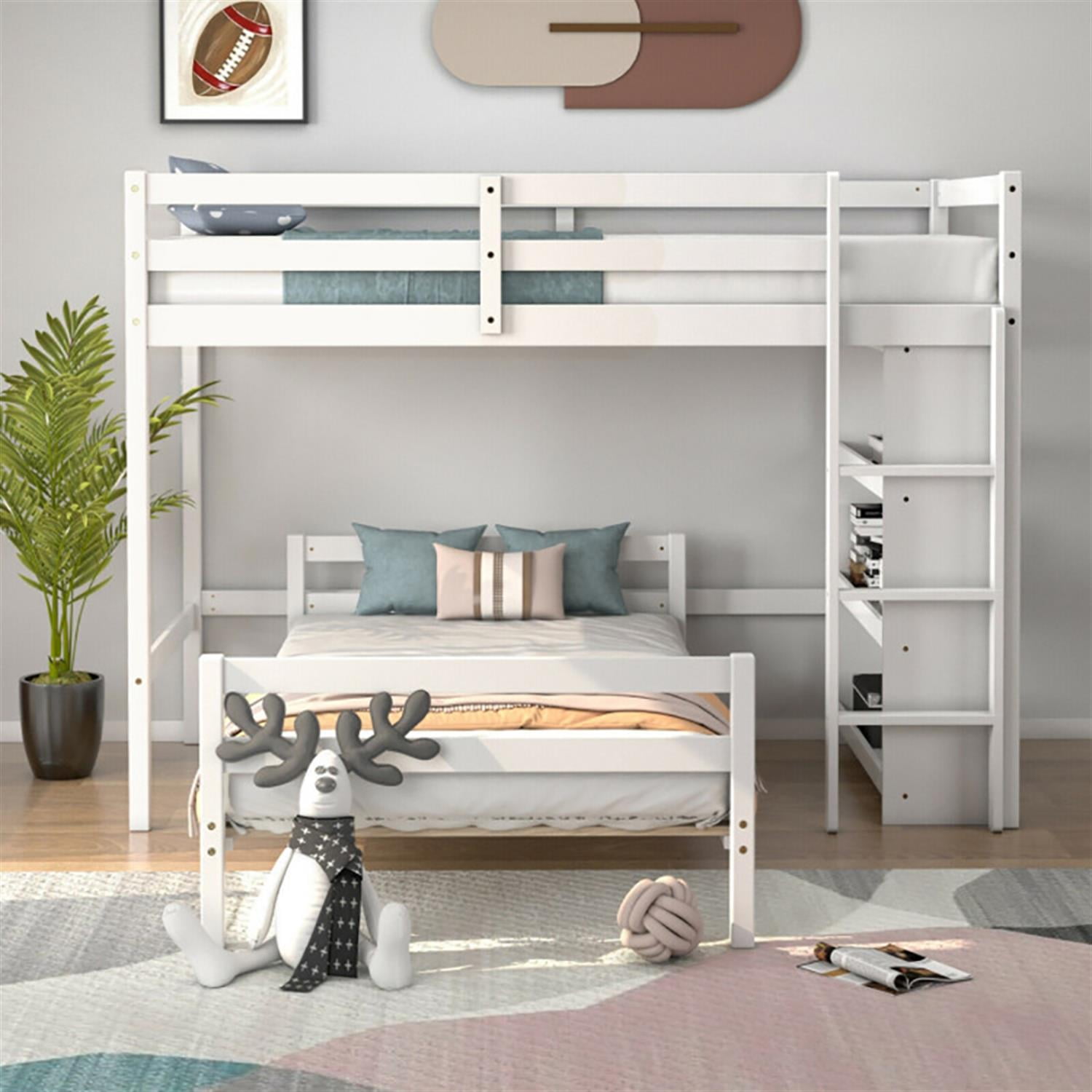 Demi Bonn Twin Over Twin Loft Bunk Bed with Bookcase, Twin Bunk Beds, Space-saving Solid Wood House Bed Frame, White