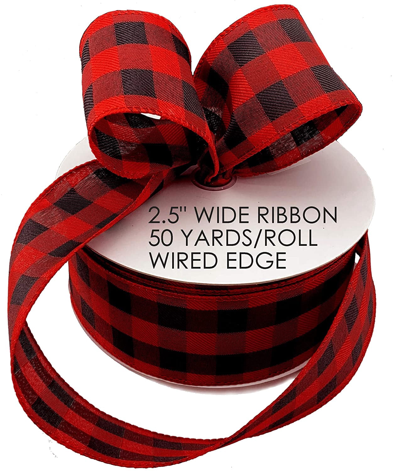 Buffalo Plaid Wired Ribbon Decoration - 2 1/2" x 50 Yards, Black & Red Plaid, Christmas Wreath, Farmhouse Decor