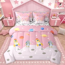 Homewish Cute Astronaut 7-Piece Bedding Comforter Set,Cartoon Rocket King Bedding Sets,Colorful Planet Bed Sheets For Boys Girls,Super Cozy Room Decor Reversible
