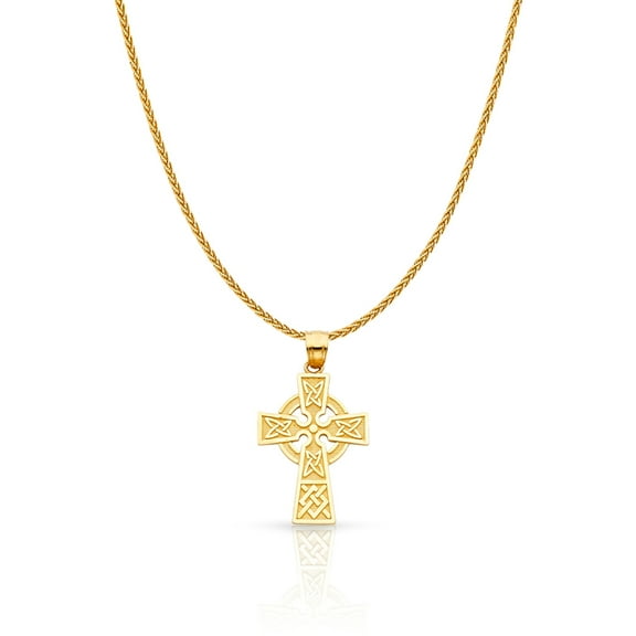 14K Yellow Gold Celtic Cross Charm Pendant with 1.1mm Wheat Chain Necklace - 16"