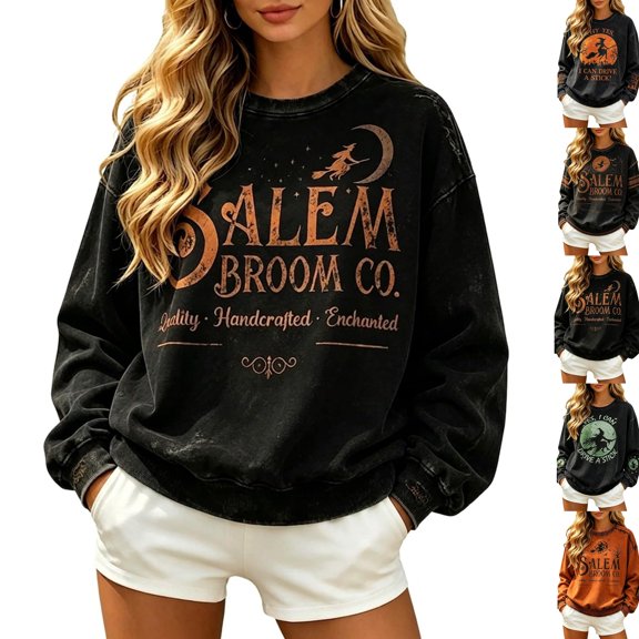 Halloween Women's Pumpkin Print Hoodie Distressed Relaxed Fit Long Sleeve Hooded Sweatshirt Breathable Novelty Pullover for Holiday Festival Gray 2XL