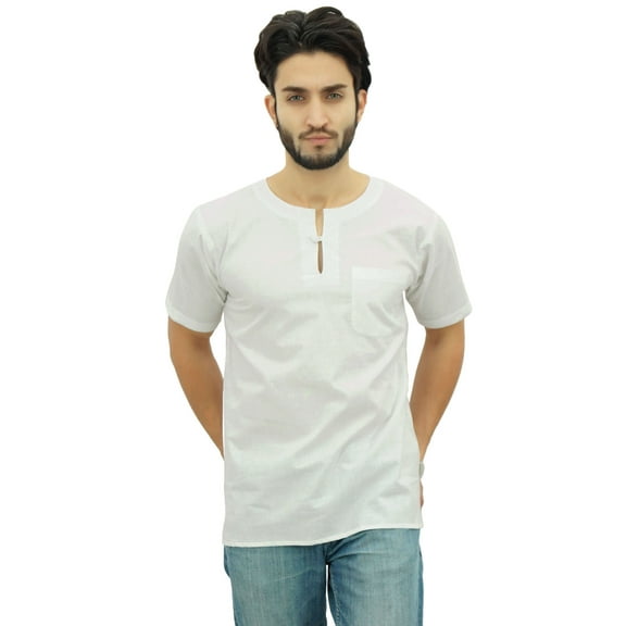 Atasi Men's Short White Kurta Cotton Casual T-Shirt Ethnic Tunic-Small