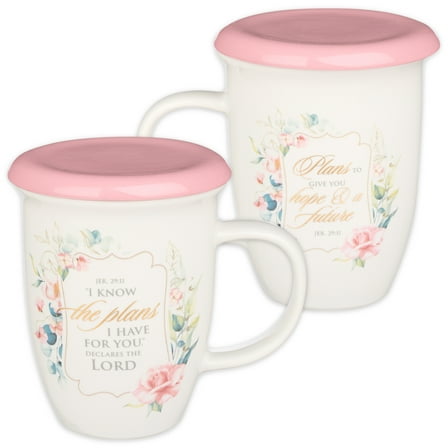 Christian Art Gifts Encouraging Scripture Ceramic Coffee and Tea Mug with Lid for Women: I Know the Plans - Jeremiah 29:11 Inspirational Bible Verse Novelty Beverage Cup, Pink Rose Floral, 13 oz.