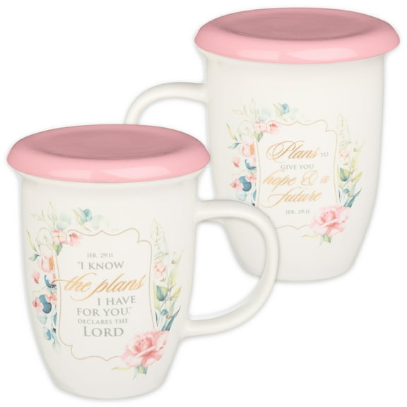 Christian Art Gifts Encouraging Scripture Ceramic Coffee and Tea Mug with Lid for Women: I Know the Plans - Jeremiah 29:11 Inspirational Bible Verse Novelty Beverage Cup, Pink Rose Floral, 13 oz.