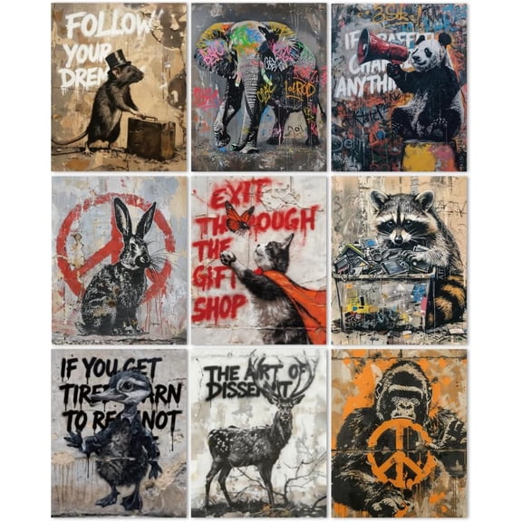 Graffiti Animal Wall Art Prints Set of 9 Inspirational Quote Poster Wall Decor Street Art Home Artworks for Gallery Living Dining