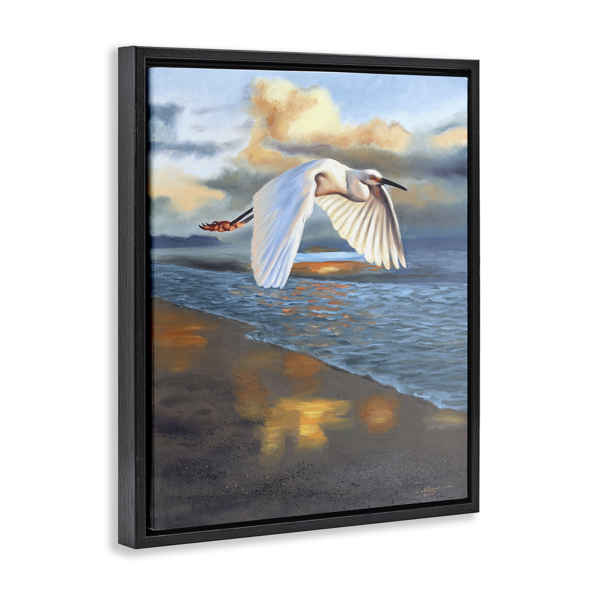 Stupell Industries Egret Wingspan over Beach Landscape Painting Black Floater Framed Canvas Art Print Wall Art, 17 x 21