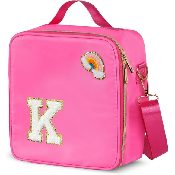 shiyou-Insulated Nylon Lunch Box for Girls, Kids, and Women-Stylish Pink Preppy Large Lunch Bag with Adjustable Strap and Chenille Letter 'K', Tote for School, Travel, and Picnics-Ideal Preppy Stuff