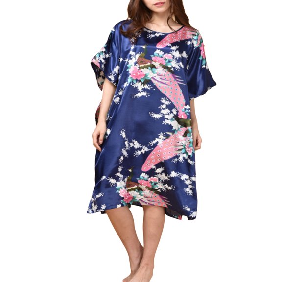 Womens Satin Nightgown, Floral Print Kaftan Sleepwear, One Size Fits up to 16/18