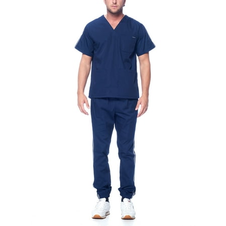 

Dagacci Medical Uniform Unisex Men and Women V-Neck Top Joggers Pants Athletic Trim Cotton Scrub Set (Navy M)